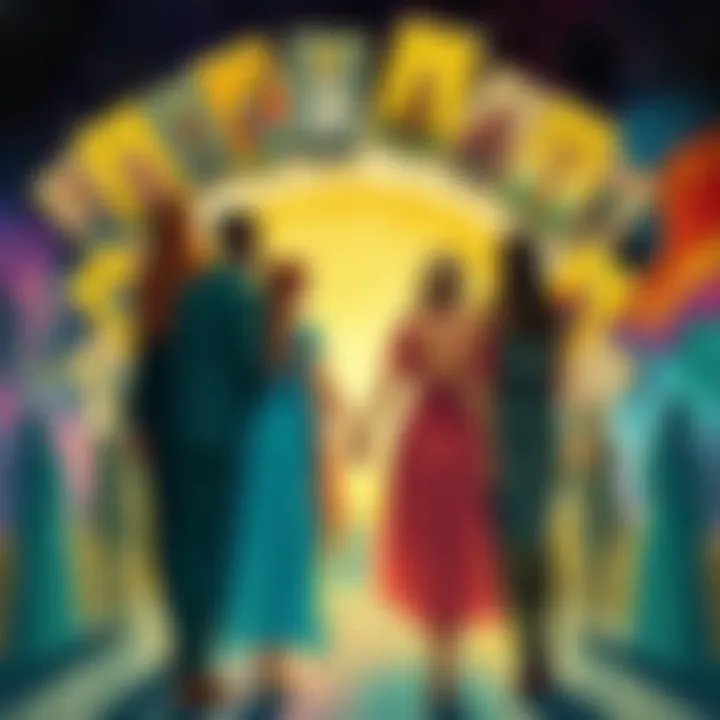 A diverse group of people holding hands, representing love in various forms, surrounded by tarot cards that symbolize inclusivity and acceptance.
