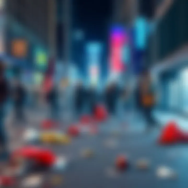 A bustling city scene with people distracted by loud music and litter on the ground, showcasing the neglect of communal spaces.