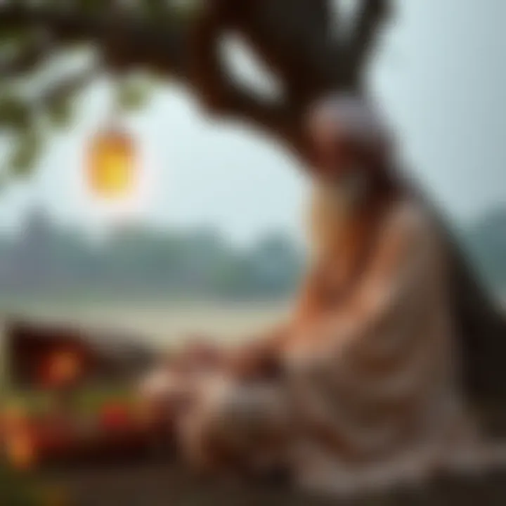 A peaceful Indian ascetic sitting cross-legged under a tree, engaged in deep meditation, symbolizing devotion and spirituality.