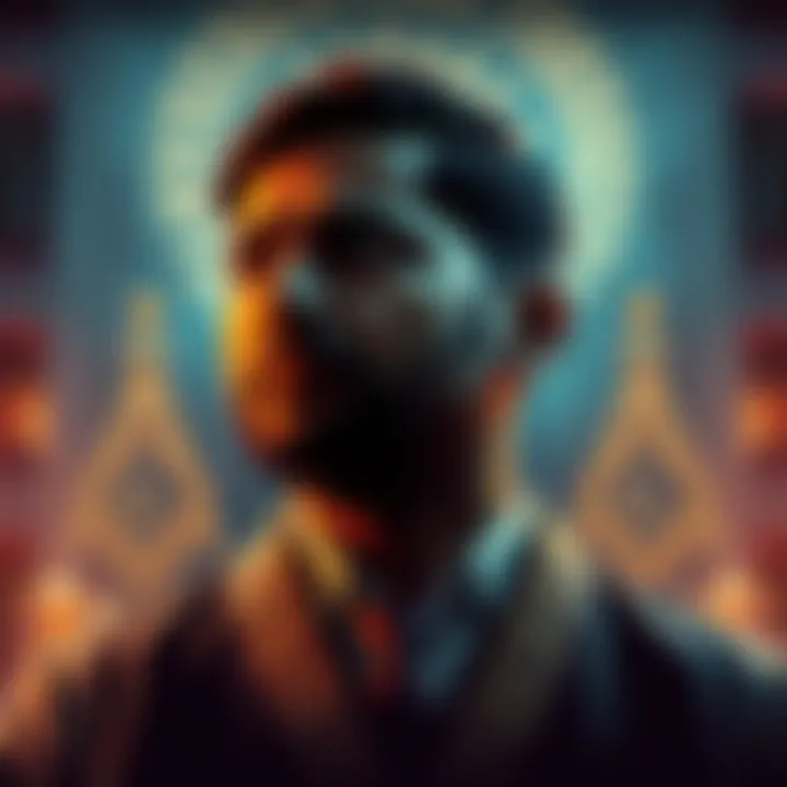 Portrait of an Indian man looking thoughtfully, contemplating his desire to join the Freemasons, surrounded by symbols of brotherhood and integrity.