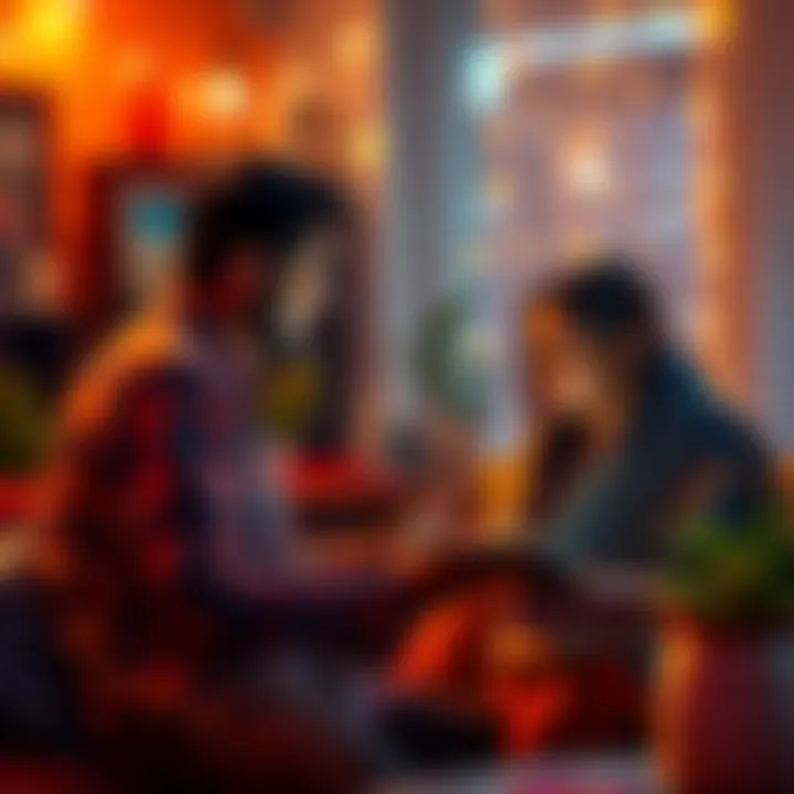 An Indian reader engaging with a person in a cozy setting, offering insights during a donation-based reading session