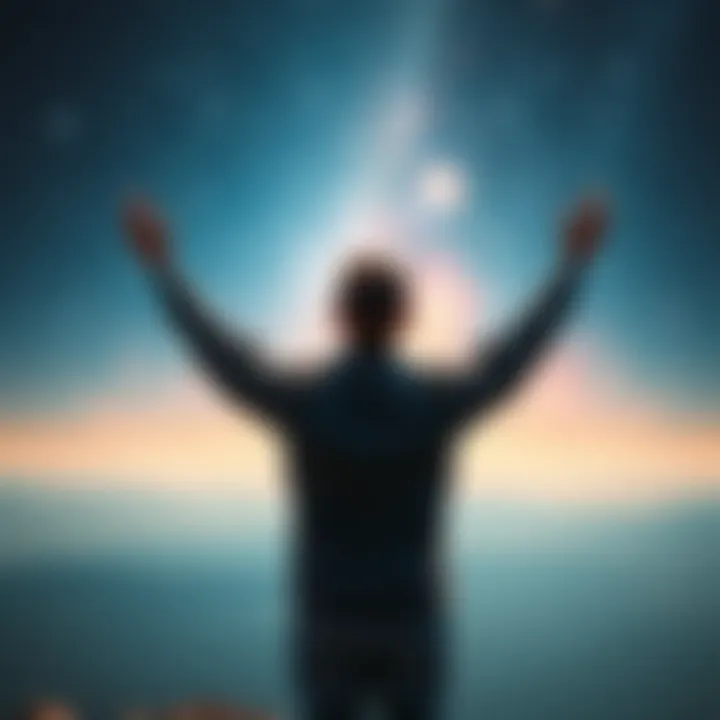 A person standing on a cliff, arms raised toward a star-filled sky, symbolizing freedom and self-discovery in spirituality