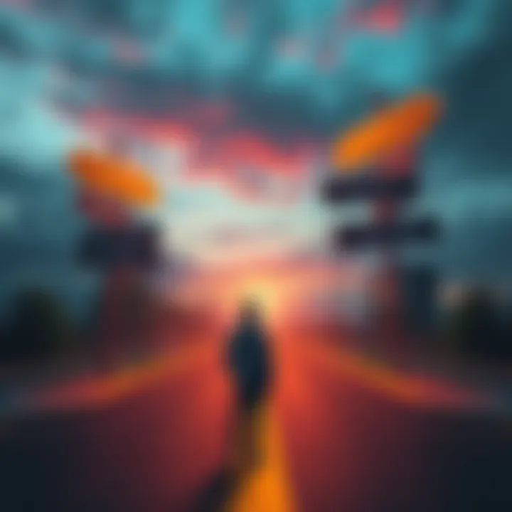 A person standing at a crossroads, looking contemplative about major life shifts and feeling stuck, surrounded by signs pointing in different directions.