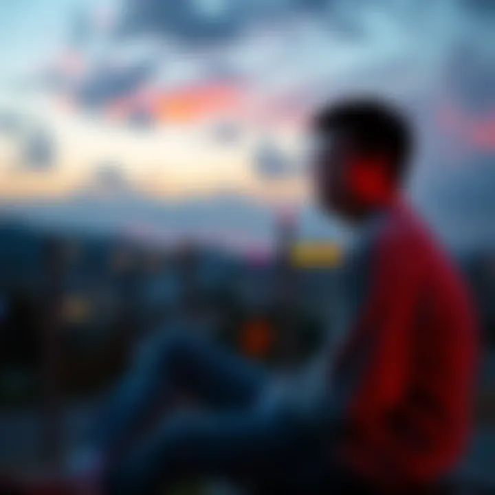 A 43-year-old person sitting in a peaceful environment, looking contemplative while reflecting on their experiences after overcoming addiction.