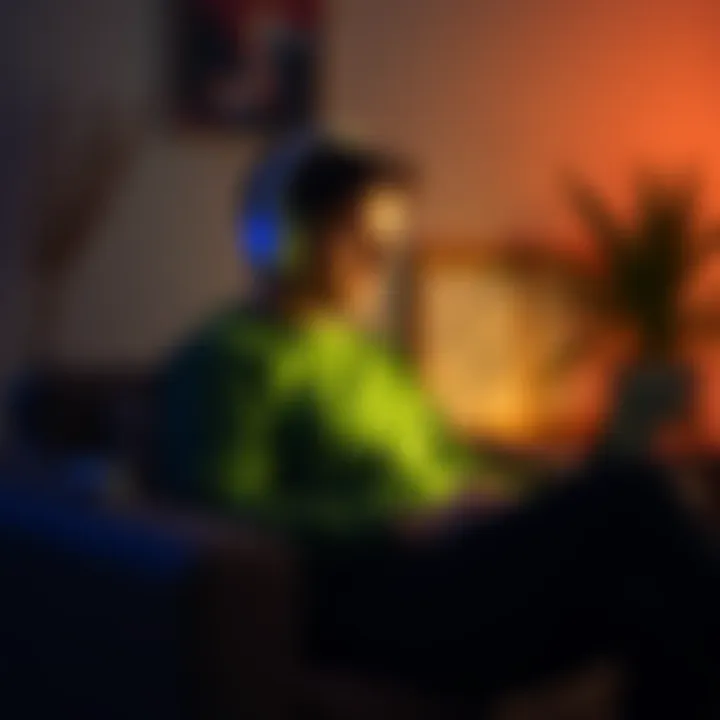 Individual Listening to Subliminals A person sits comfortably with headphones on, surrounded by calming elements, as they focus on listening to subliminal messages for healing from chronic pain.