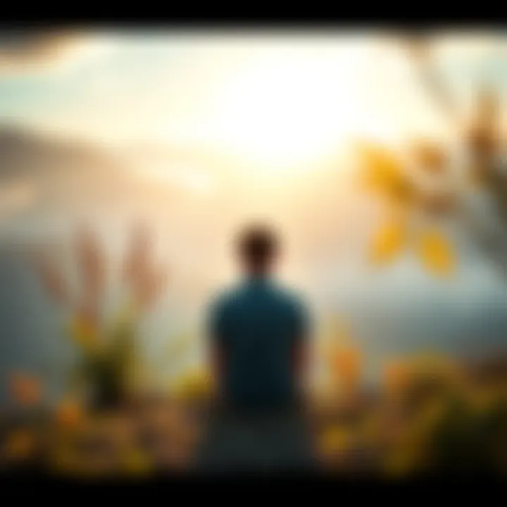 Individual Reflecting on Awakening A person sitting alone in a serene setting, looking contemplative while surrounded by nature, symbolizing self-discovery and awareness.