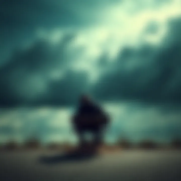 A person sitting alone on a bench, looking pensive with a backdrop of cloudy skies, symbolizing loneliness and struggle