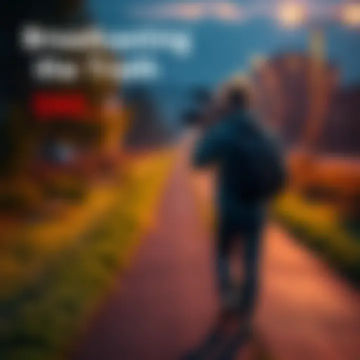 A person walking along a path holding a camera while broadcasting live