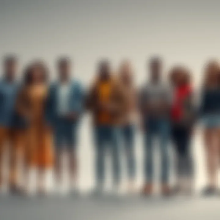 A group of diverse people standing together, each person showcasing unique traits while holding hands, symbolizing individuality and connection.