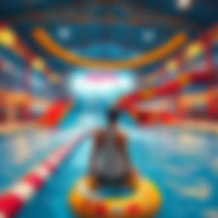 A colorful indoor waterpark with a wave pool and a tube slide, featuring a person named Jayden celebrating his wedding announcement