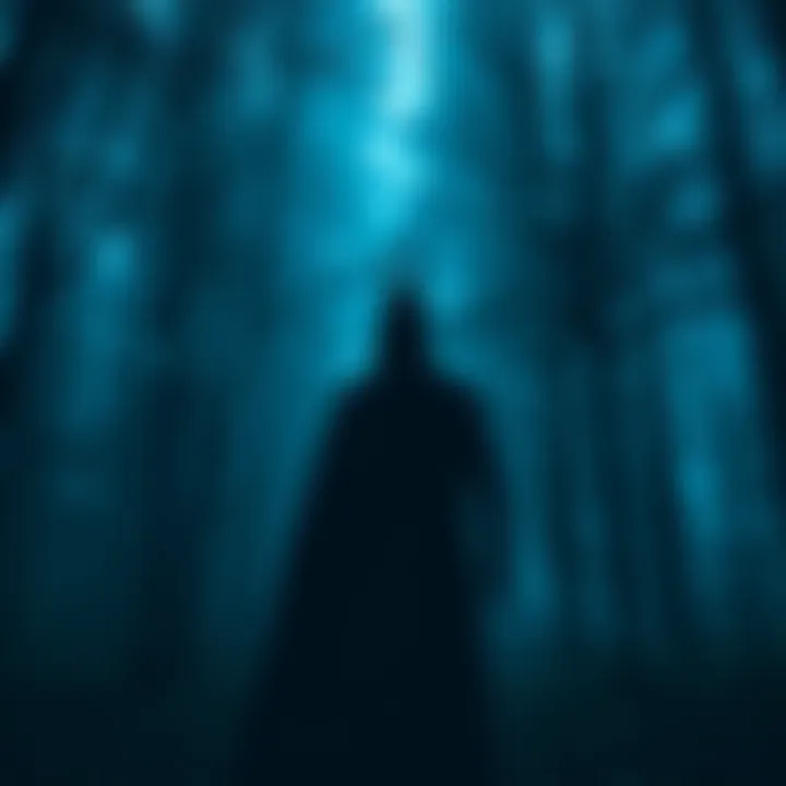 A shadowy figure with a unique appearance stands in a dark forest, hinting at extraterrestrial encounters.