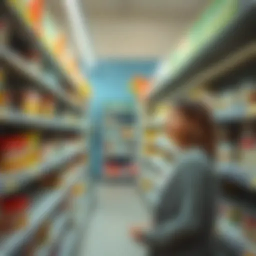 A mother looking concerned while checking empty shelves in a grocery store's baby formula aisle, highlighting the shortage of infant formula products.