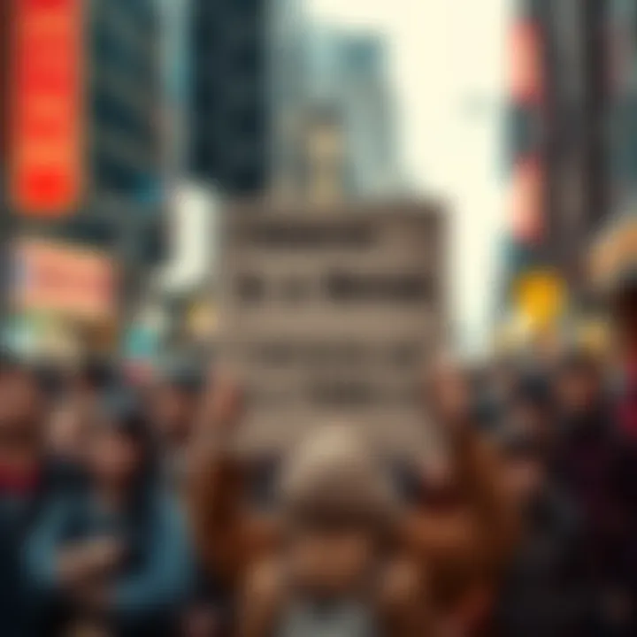 An influencer holding a sign that reads 'Chinese AI is a threat' in a crowded city street, surrounded by concerned people