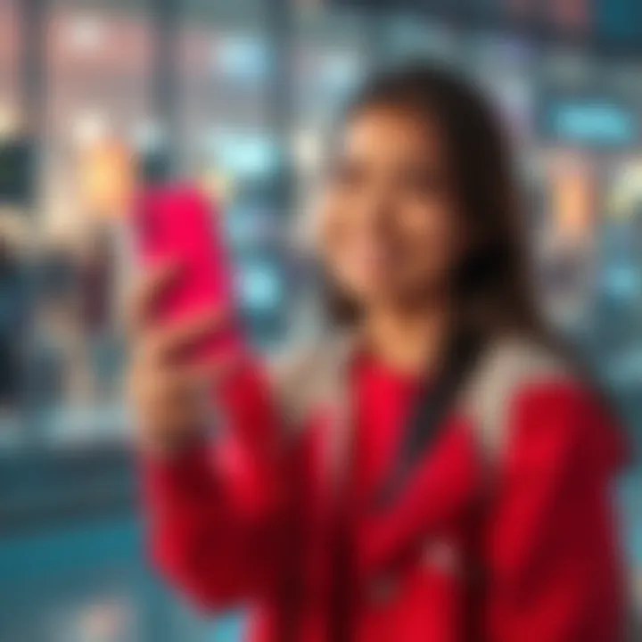 A beautiful influencer smiles while holding her phone, showcasing a TikTok video about subliminal messaging.