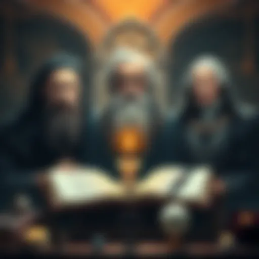 Portraits of key historical figures who shaped modern spiritual practices, including Crowley, Gardner, and Spare, surrounded by books and symbols of their teachings.