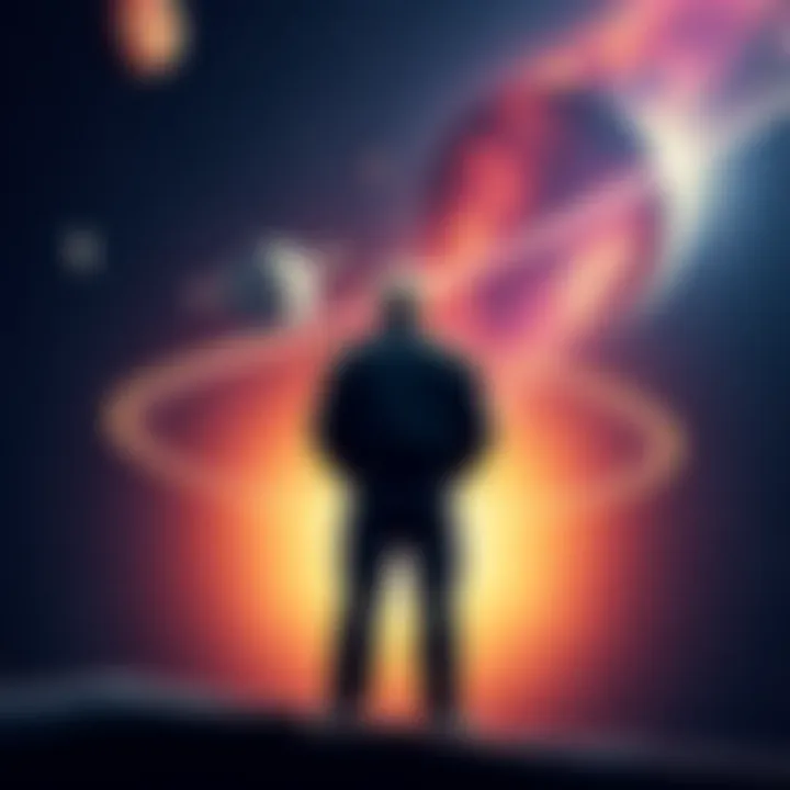 Ingo Swann with space background Ingo Swann standing with a cosmic background, showcasing his connection to remote viewing and space exploration.