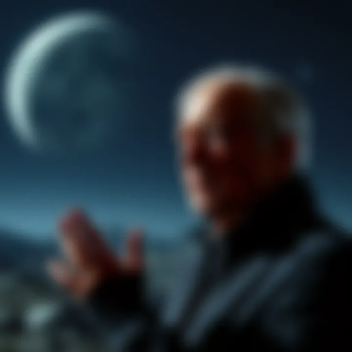 Ingo Swann speaking about supposed alien bases on the Dark Moon, with a backdrop of a dark lunar landscape and stars