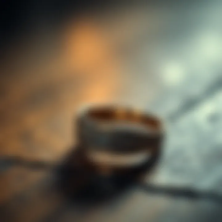A detailed view of a vintage ring with intricate designs, resting on a wooden table, symbolizing family history and legacy.