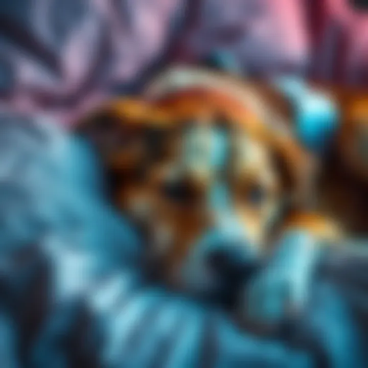 A sad, injured dog lying down on a soft bed with bandages visible, evoking feelings of concern and empathy.