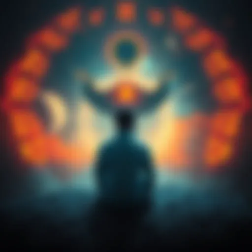 A person sits in a peaceful space surrounded by abstract shapes representing archetypes and fears, reflecting on their inner thoughts.
