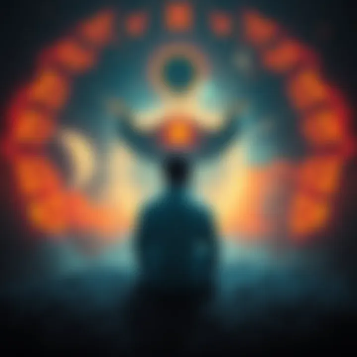 A person sits in a peaceful space surrounded by abstract shapes representing archetypes and fears, reflecting on their inner thoughts.