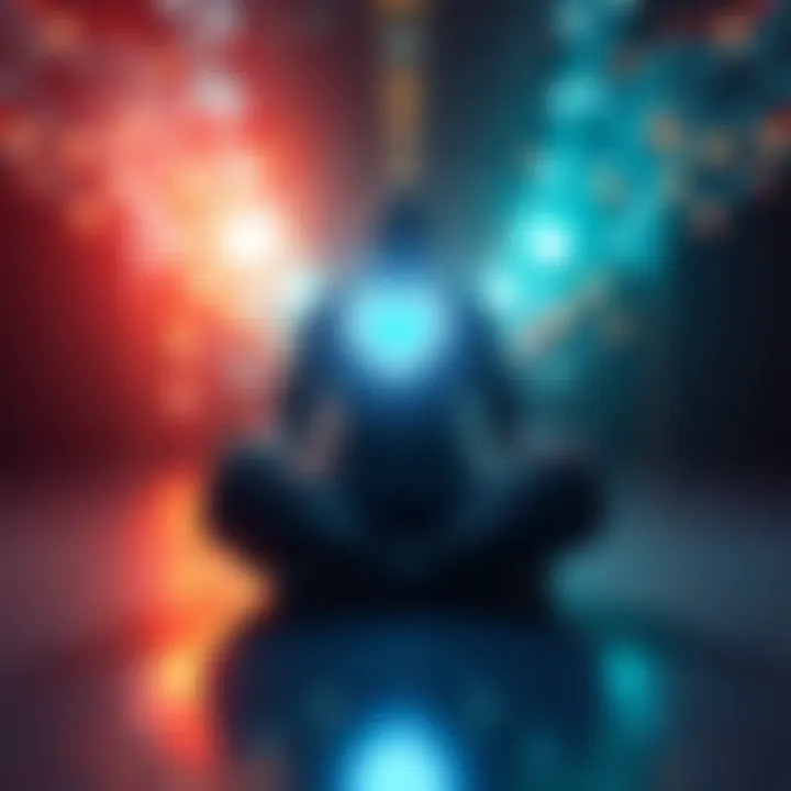 A person sitting peacefully with a glowing heart symbol, surrounded by light, representing inner awareness and growth.