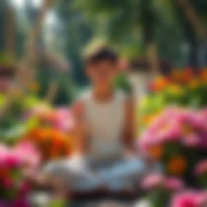 A person sitting cross-legged in a peaceful garden, surrounded by vibrant flowers, reflecting on their inner child with a serene expression.