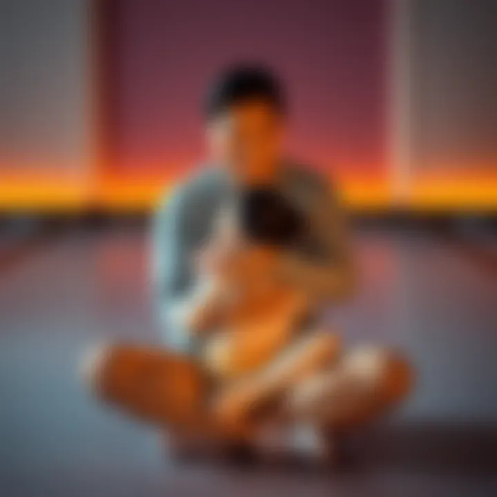 A person sitting cross-legged, smiling gently as they embrace a younger version of themselves, symbolizing self-acceptance and healing.