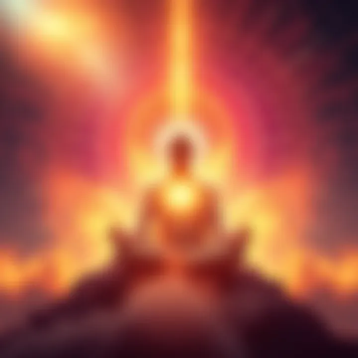 A serene figure meditating, surrounded by a radiant energy field symbolizing inner mastery and faith