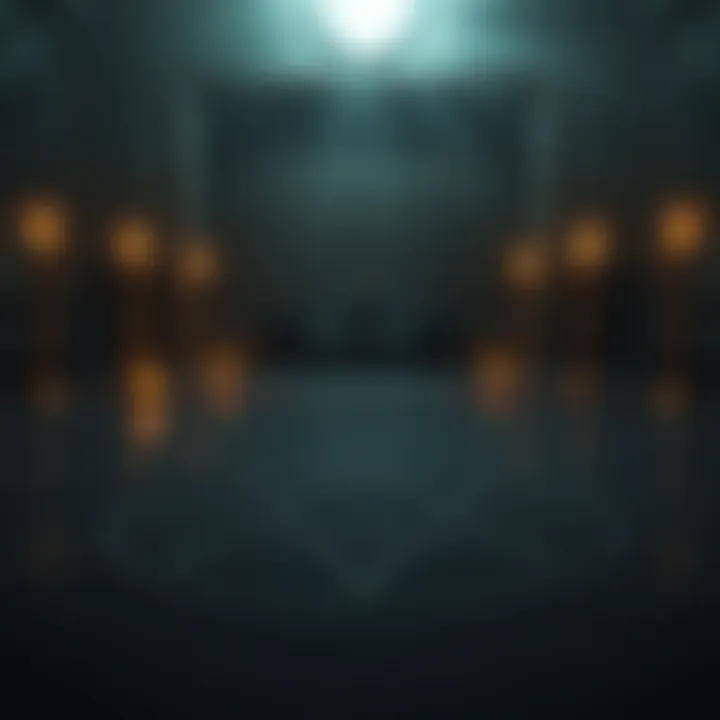 A dark room with candles, a hexagram symbol drawn on the floor, and a person sitting in meditation beside it; the atmosphere feels tense and mysterious.