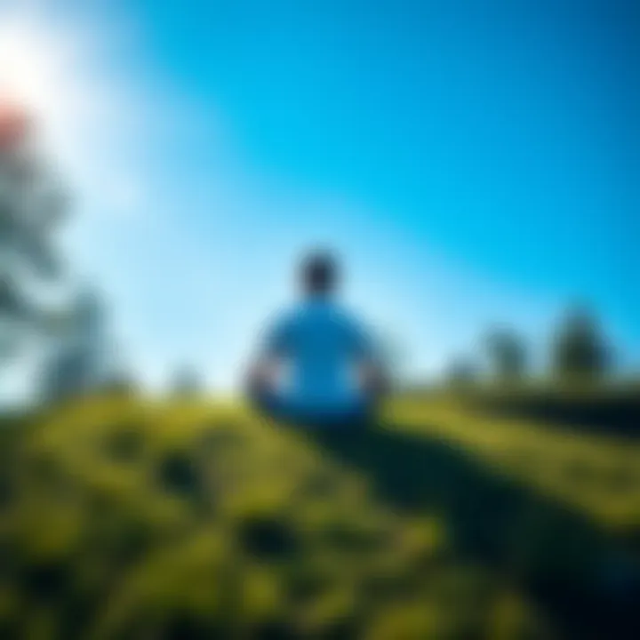 A serene figure sitting cross-legged on a grassy hill, surrounded by trees and a clear blue sky, symbolizing peace and mindfulness.