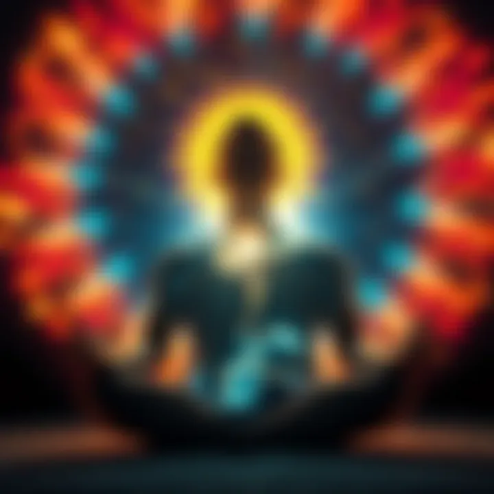 A person meditating with a serene expression, surrounded by glowing light representing inner peace and desire