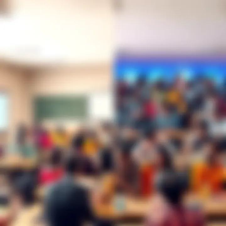 A split image showing a classroom setting with diverse groups of people learning InnerEngineering in Hindi on one side and English on the other, highlighting the different environments and teaching styles.