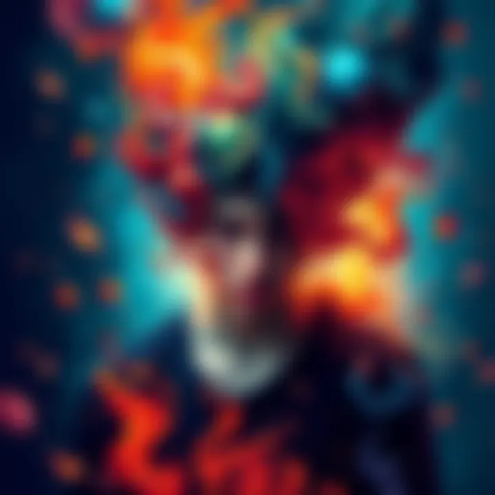 An artist surrounded by swirling colors and chaotic thoughts, embodying the struggle of creativity.