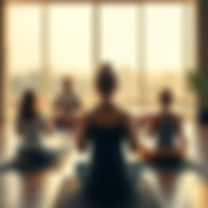 A yoga instructor guiding a class with inspiring phrases during a peaceful session, focusing on relaxation and mindfulness.