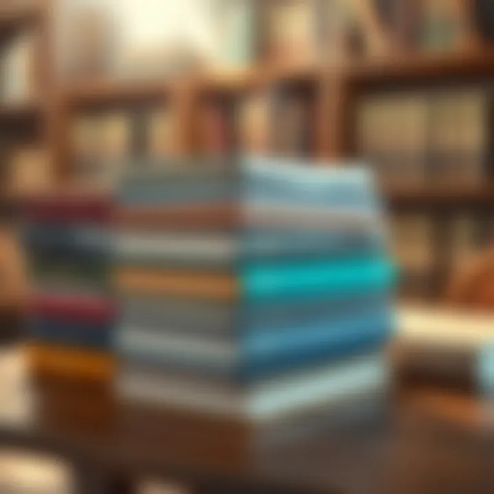 A collection of inspiring books stacked on a wooden table, with sunlight illuminating their covers.