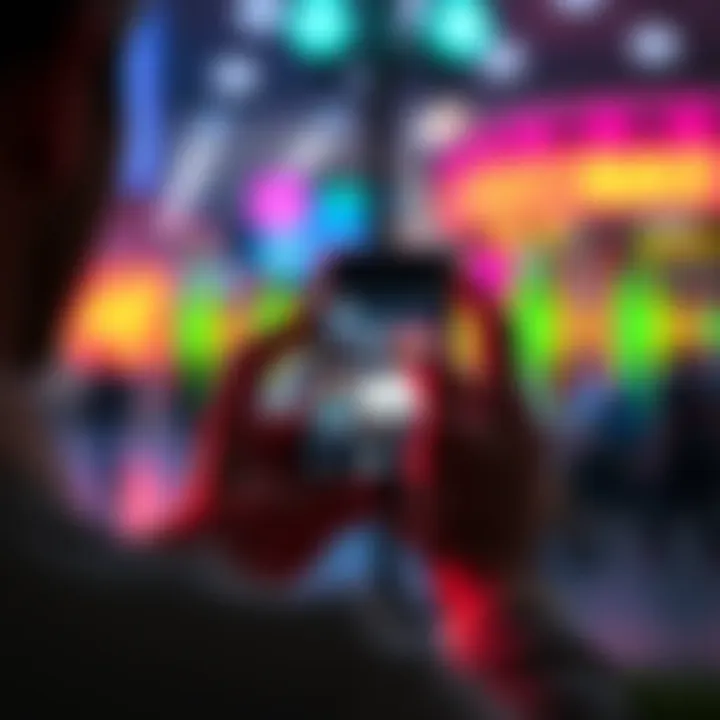 A person looking at their smartphone showing Instagram Reels with sound waves visually represented, indicating audio trends