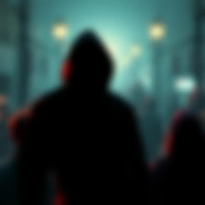 A shadowy figure observing a group of people, symbolizing surveillance and manipulation by intelligence agencies in gangstalking activities.