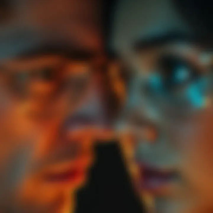 A close-up of two individuals making deep eye contact, showing a mix of curiosity and connection after a long separation.