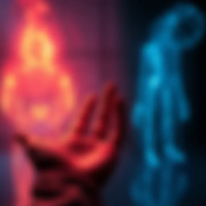 Interaction with Non-Human Entities A person reaching out with their hand towards a glowing figure representing a non-human entity, with a serene expression on their face.