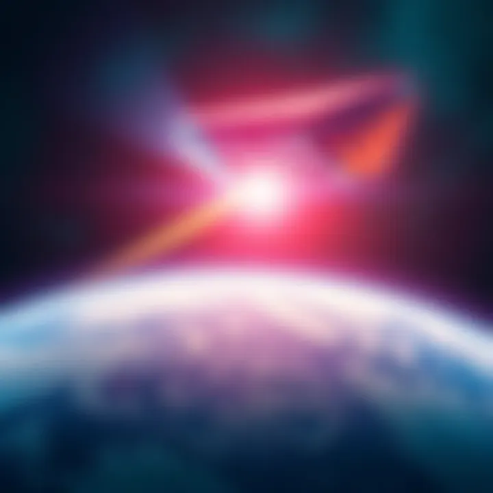 A colorful depiction of an interdimensional craft hovering above a planet, with beams of light emanating from it.