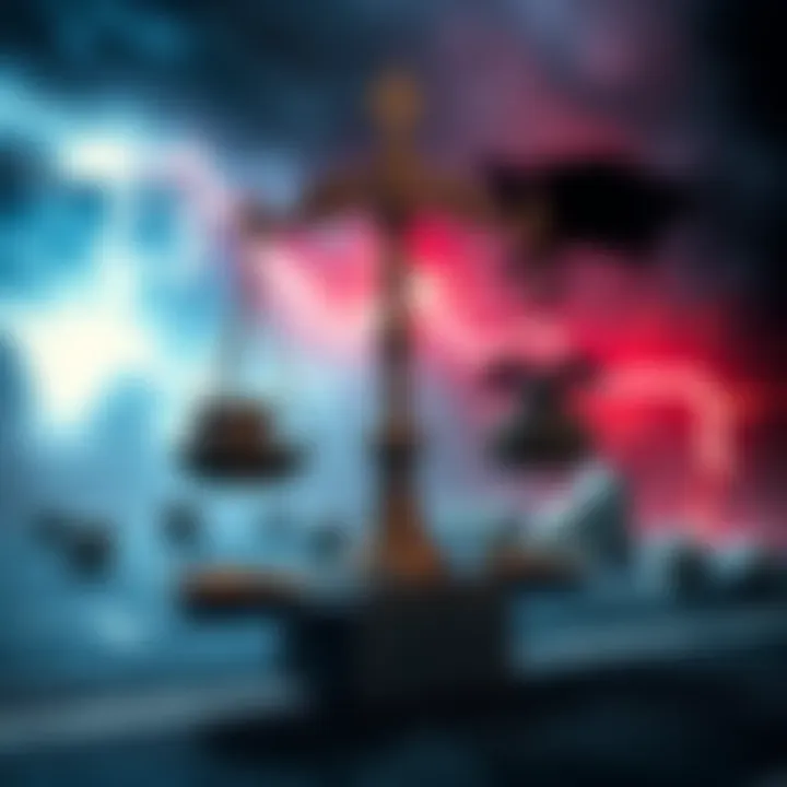 A scale balancing symbols of good and evil against a backdrop of chaotic elements like dice and storms, representing randomness in life.
