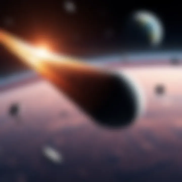 Illustration of the interstellar object 3I/Atlas approaching the massive SWAN comet, with Earth in the background and debris in the atmosphere.