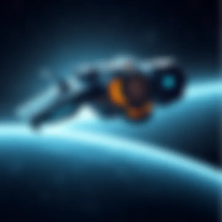 A futuristic spaceship made of advanced materials like metamaterials and bio-tech hybrids floating in space with stars in the background.