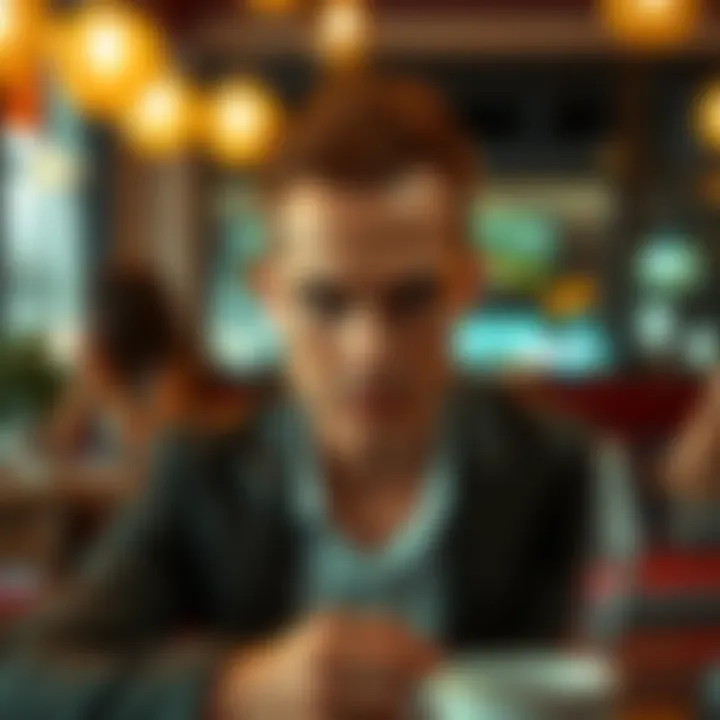 A person with a neutral expression sitting at a café, contrasting with their warm smile when interacting with friends.