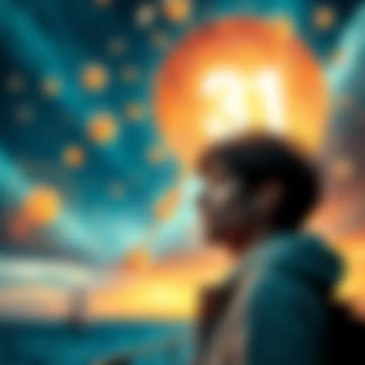 A person gazing thoughtfully into the distance, surrounded by swirling thoughts and symbols of predictions.