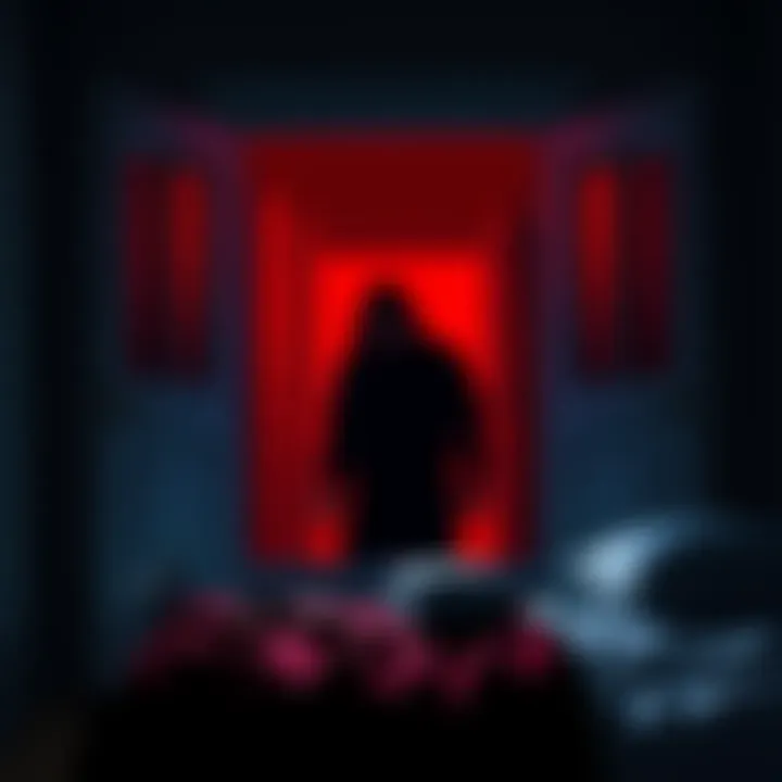 Intruder in Bedroom A dark room with an open window and a shadowy figure lurking inside, creating a sense of fear and vulnerability.