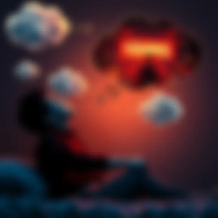 A person sitting quietly with their eyes closed, reflecting on a vivid dream about a video game trailer, surrounded by thought bubbles representing past dreams and gut feelings.
