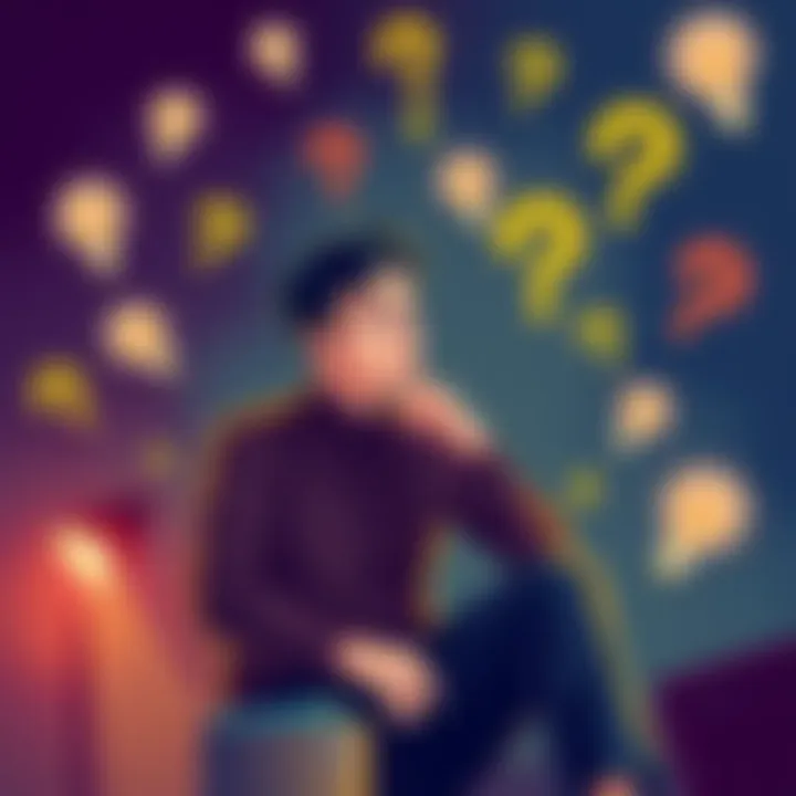A person sitting with a thoughtful expression, surrounded by symbols of knowledge and intuition, like lightbulbs and question marks.