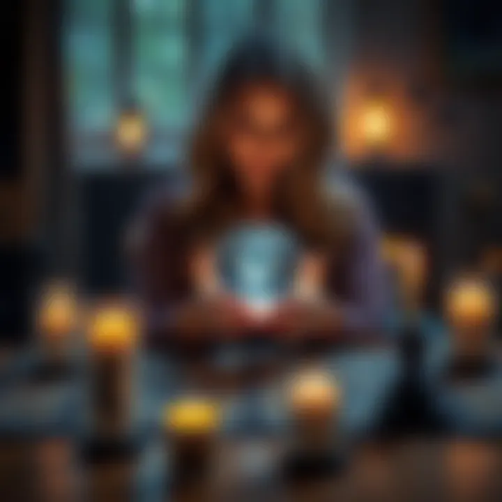 A person holding a crystal ball while sitting at a table with candles and tarot cards, offering insight through energy readings.